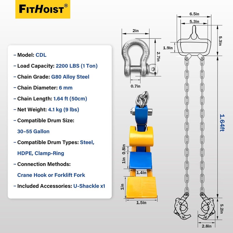 FITHOIST Chain Drum Lifter | 2200 lbs Vertical Drum Clamp Barrel Lift with Self-Lock Hook | Drum Handling Equipment 1 ton Capacity | Fit for 30-55 Gallon Barrel - Image 2
